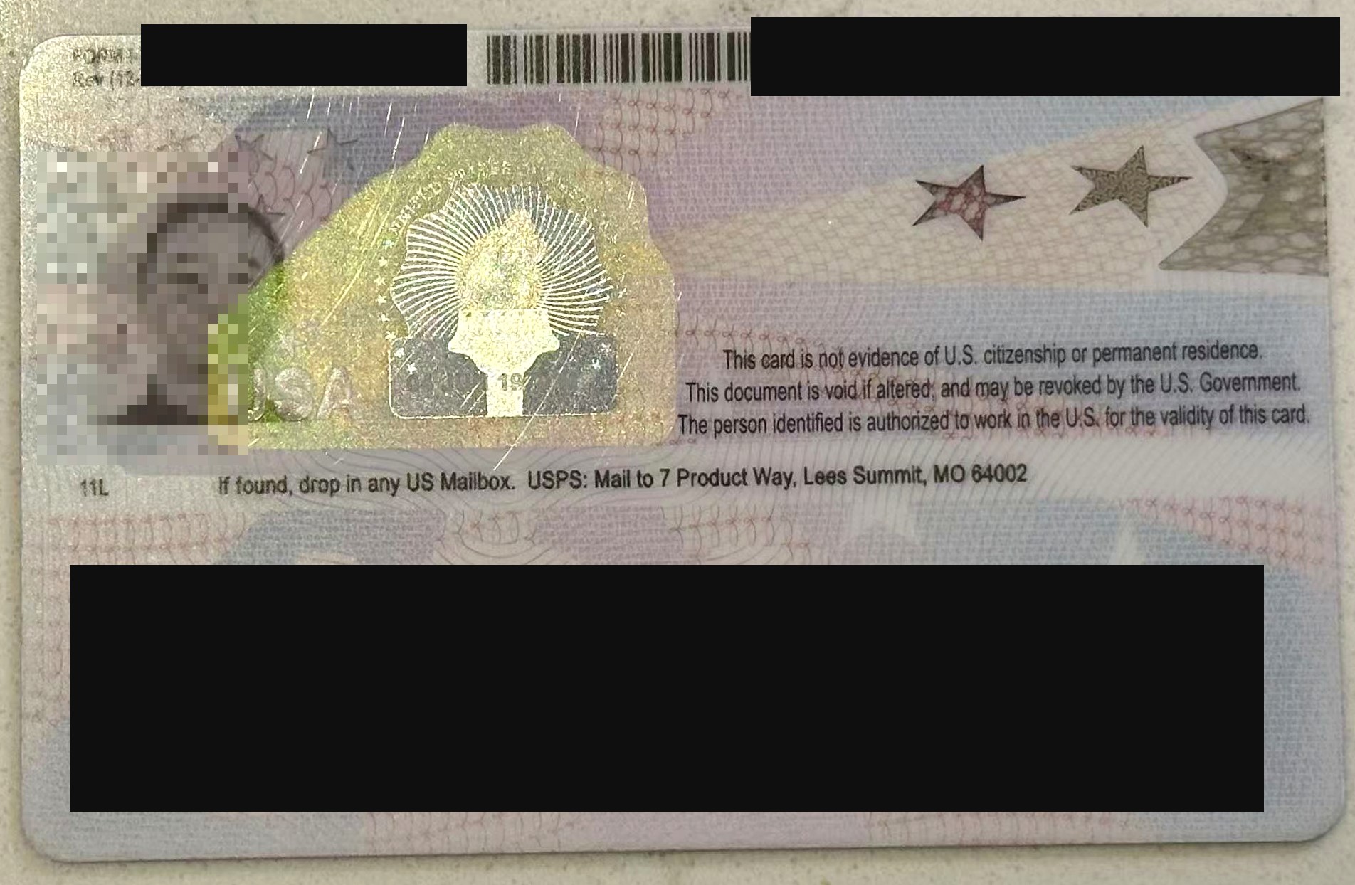 EAD / Combo card back (redacted)